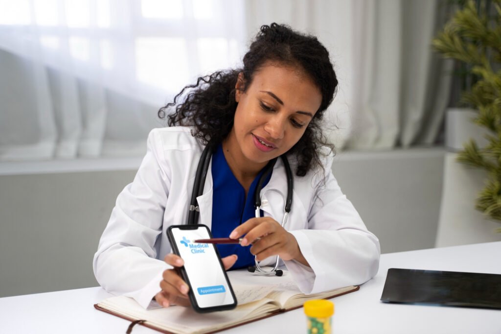 A doctor showing a patient how secured and HIPAA compliant their healthcare app is
